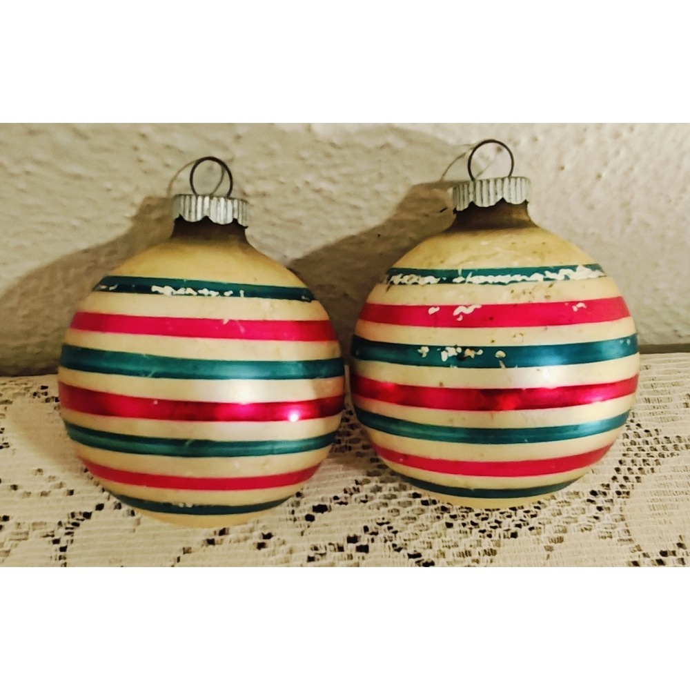 Vintage Shiney Bright Striped Glass Ball Christmas Ornaments Set Of Two